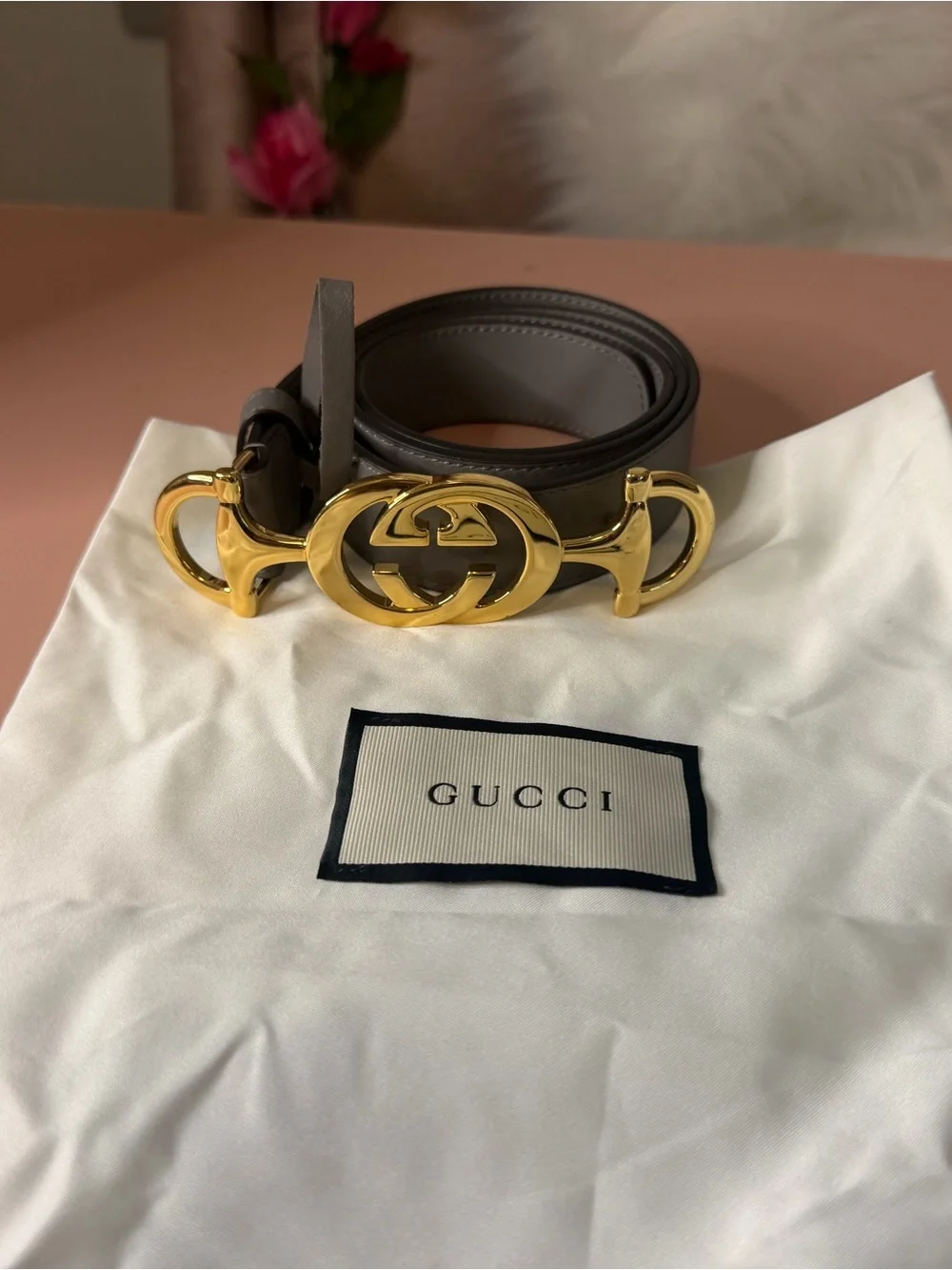 Gucci Gray Leather Belt with Gold Double G Buckle